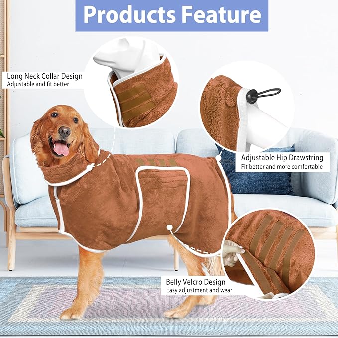 Dog Bathrobe Towel Dog Drying Coat - Super Absorbent Towels Bath Robe for Dogs Large, Soft Adjustable Collar & Belly Strap Fast Drying Coat Pet Cat Bath Robe (Brown, X-Large)