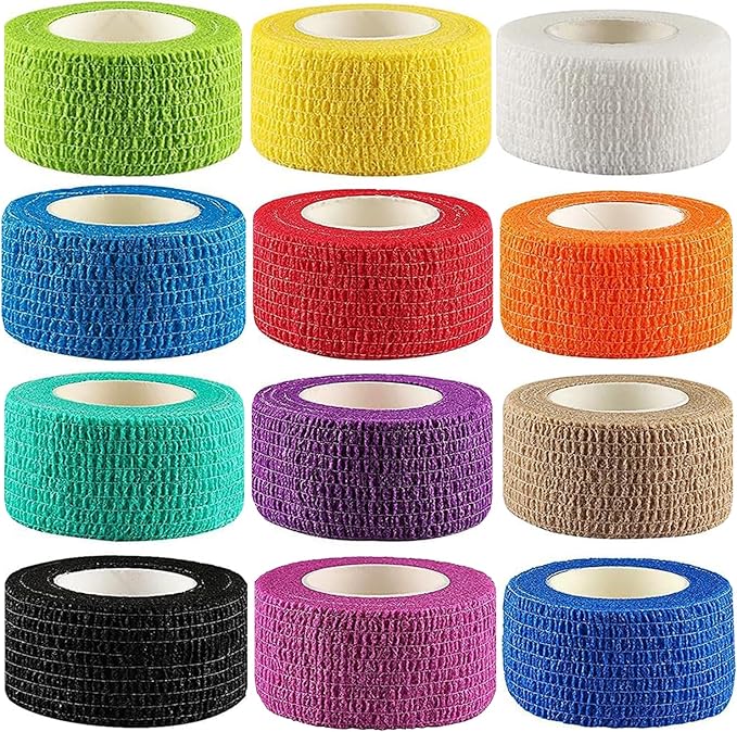 12Pack 1” x 5 Yards Self Adhesive Bandage Wrap, Elastic Self Breathable Self Adherent Wrap for Pets, Athletic Cohesive Bandage for First Aid, Sports Injury & Protection, 12Color