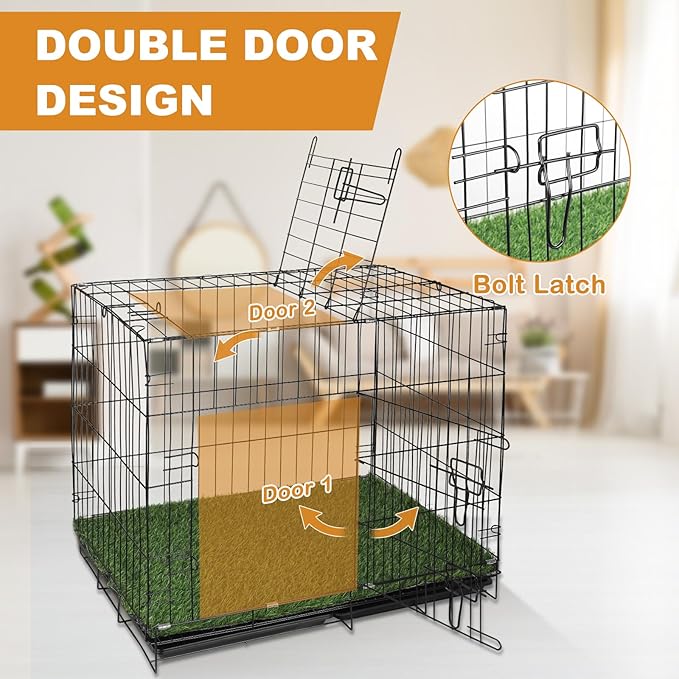Dog Crates Kit with Artificial Grass and Dog Crates Cover, 27 Inch Double Door Collapsible Metal House for Dogs and Cats, Dog Cage with Leak-Proof Pan Tray, Travel, Indoor and Outdoor Dog Kennel