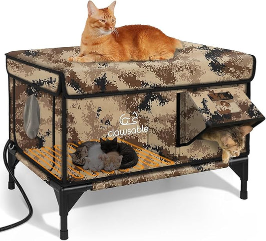 Indestructible Heated Cat House for Outside Winter, 100% Waterproof, Safe Escape Door, Insulated Outdoor Cat Shelter with Heater for Feral Barn Cat Kitty (Desert Camouflage, 26"x16"x18")