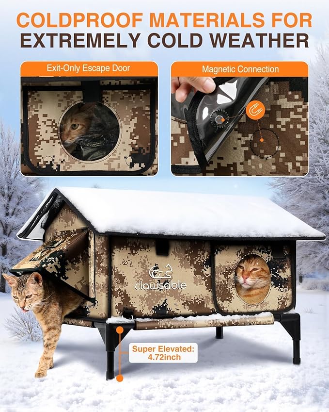 Indestructible Gable Roof Heated Cat House for Outside Winter, 100% Waterproof, Safe Escape Door, Insulated Outdoor Cat Shelter with Heater for Feral Barn Cat Kitty (Desert Camouflage, 16"x16"x19")