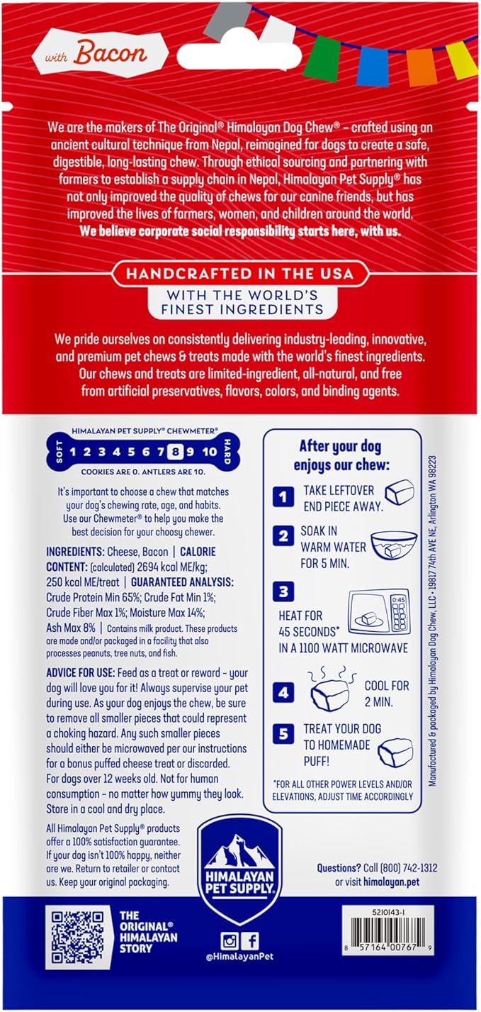 Himalayan Dog Chew Original Yak Cheese Chew, Bacon, 1 Large Stick, 3.3 oz, Gluten Free, Healthy Treats, Grain & Lactose Free 100% Natural, Long Lasting Chews for s Under 55 lbs