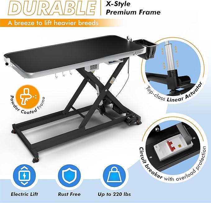 KANIS Professional Electric Dog Grooming Table - Heavy Duty, Height Adjustable Pet Grooming Table w/Leveling Wheels, Grooming Arm, Anti Slip Tabletop & Tool Organizer/Dog Grooming Station (60", BLACK)