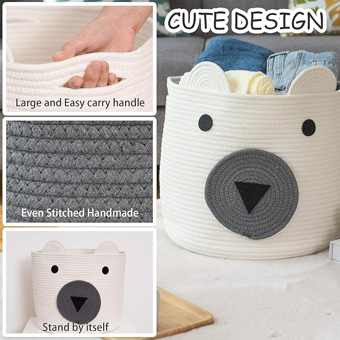 VK VK·LIVING Cotton Rope Bear Animal Basket Foldable Large Woven Storage Basket Baby Nursery Cute Laundry Hamper for Toys, Blanket, Clothes in Bedroom Living Room Toy Box for Baby 14x14 Grey