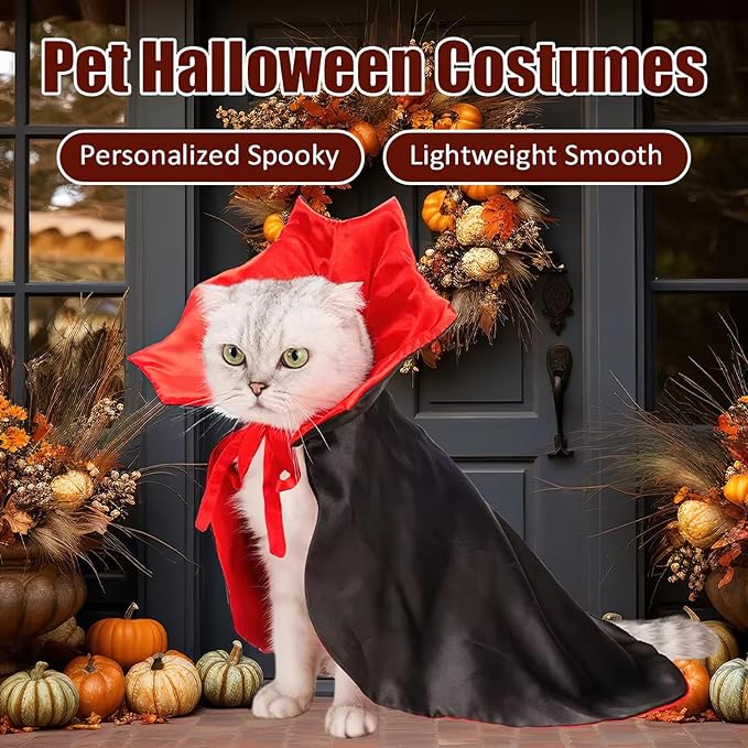 Halloween Pet Cape Custom, Gothic Cat Dogs Robe Decor, Vampire Cloak Wizard Outfit Pets Clothes Accessories for Witch Cosplay Apparel for Small Medium Dogs Cats Supplies(Red)