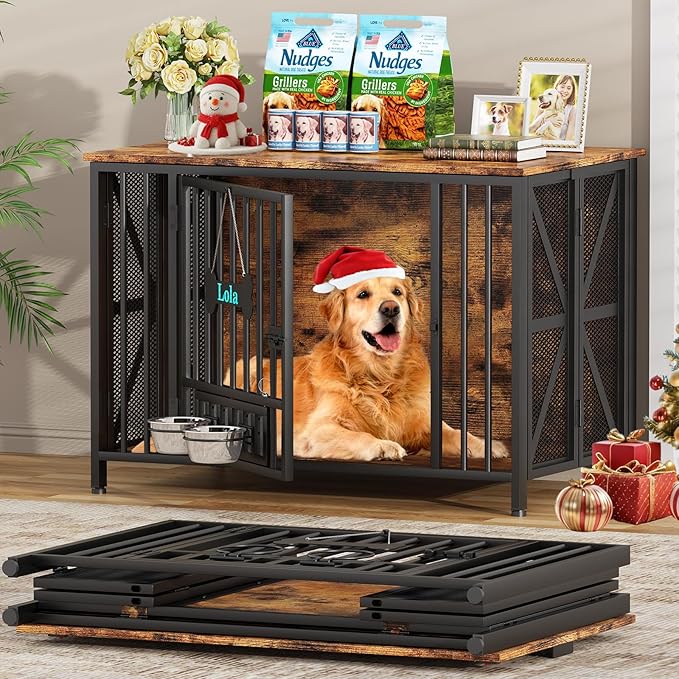 Easycom Foldable Large Dog Crate Furniture, 41.3" Assembly-Free Dog Crates for Large Dogs, Decorative Wooden Dog Kennel Indoor with Tag & Dog Bowls, Dog Cage Use as TV Stand, Rustic Brown