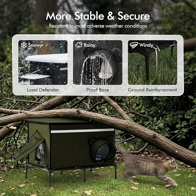 Heated Outdoor cat House for Outside, Weatherproof Insulated Feral Cat Shelter with Timer-Temp Control Heating Pad in Winter, Large Elevated Outdoor Cat House with Zipper, 2 Doors, Safety- Army Green