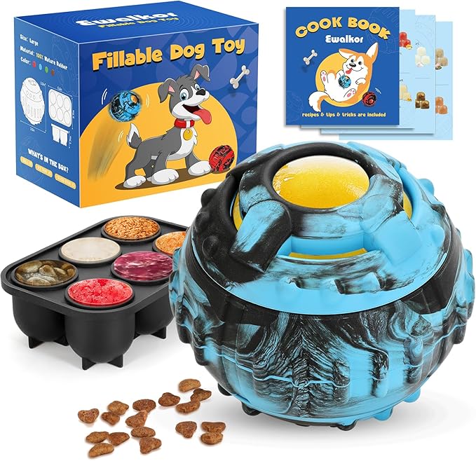 4-IN-1 Dog Toys - Frozen Dog Treat to Keep Them Busy, Treats Puzzle Ball Toy, Interactive Treat Dispensing Dog Toy, Durable Rubber Chew Toys, DIY Freezable Fillable Treat Toy, Mental Enrichment Toys
