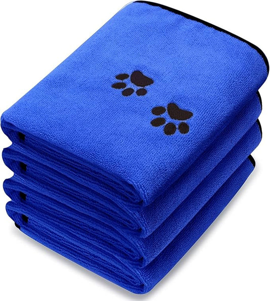 Tegeme 4 Pack Dog Towels for Drying Microfiber Soft Absorbent Pet Bath Towel Dog Drying Grooming Cloth with Embroidered Paw for Pet Cat Bathing Grooming(35 x 20 Inch,Deep Blue)