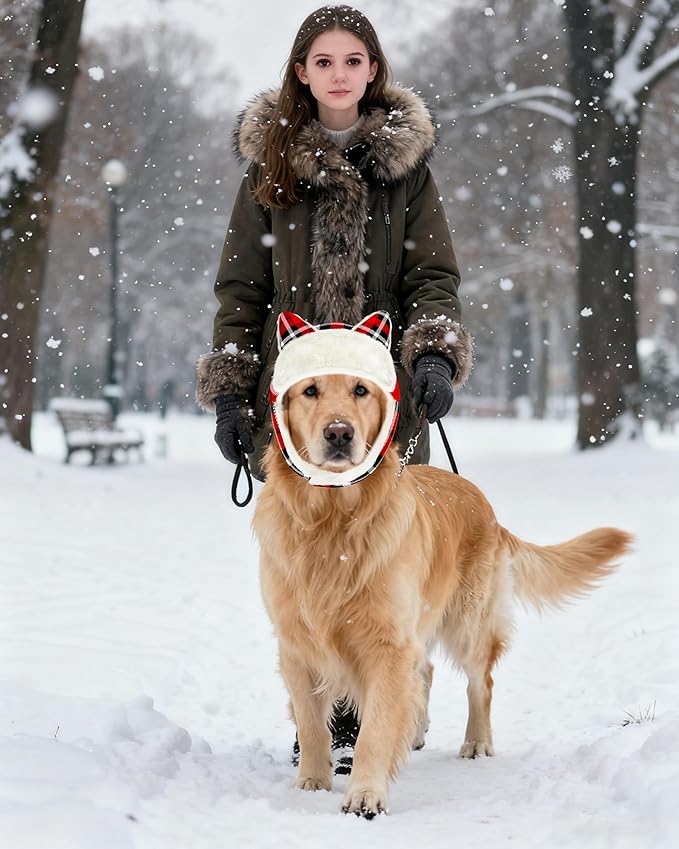 PET SHOW Dog Trapper Hat Winter Hat for Medium Large Dogs Christmas Warm Fleece Aviator Hats with Ear Flaps Adjustable Outdoor Boy Pet Pilot Costume Cap L-Red Plaid/Without Ear Holes