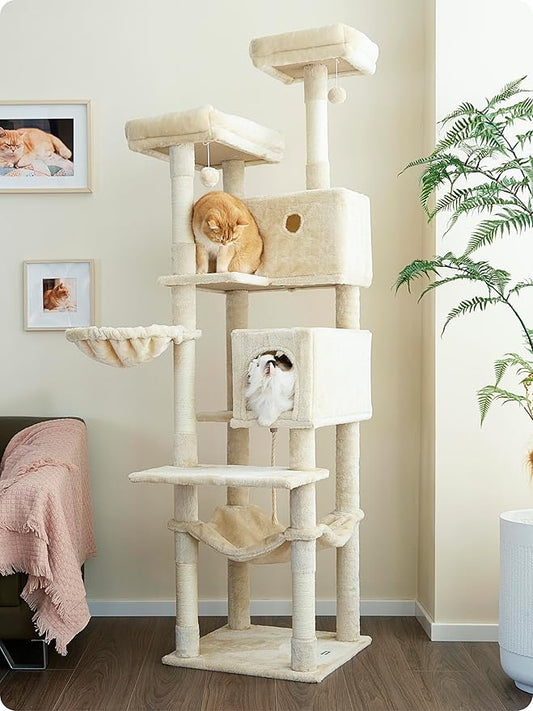 Ouritsu Cat Tree, 73.6 inch Tall Cat Climbing Tower for Large Cat Indoor with 2 Large Condos, 2 Widened Perches, Sisal Covered Scratching Posts, 2 Hammocks, Beige, XLF001WH