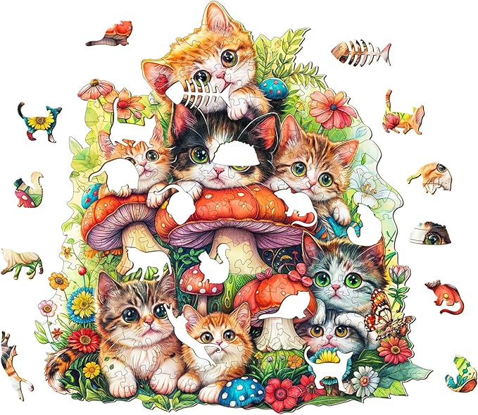 KAAYEE Wooden Puzzles for Adults, Cat Family-1 200 Piece Unique Animal Shape Puzzle, Cat Wood Puzzle for Adults, Creative Gifts for Friends/Family, Home Decor(11.4 * 10.6in)
