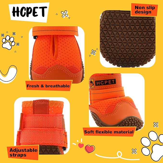 Hcpet Dog Shoes for Large Dogs, Breathable Dog Booties for Small Medium Dogs, Anti-Slip Dog Boots & Paw Protectors for Hot Pavement Winter Snow Hiking with Reflective Straps Orange Size 1