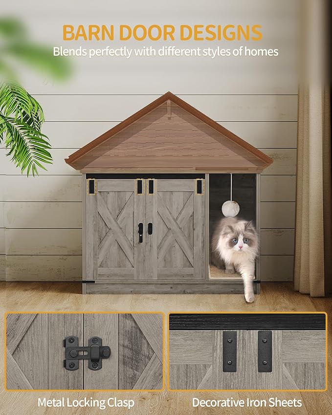 Cat Litter Box Enclosure, Hidden Litter Box Cabinet Furniture with Bell, Indoor Cat House, Farmhouse Style, 31.5 x 19.7 x 20.9Inches, for Hallway, Bedroom, Light Ivory and Brown CB82405X