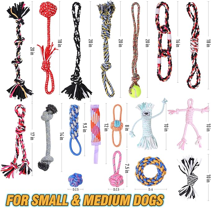 Dog Rope Toys with 18 pcs for Teething, Entertainment & Interaction, Dog Chew Toys, Training Tug Balls and Squeaky Toys for Medium&Small Puppies.