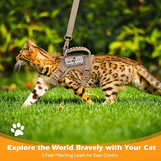 Tactical Cat Harness and Leash Set for Walking Escape Proof, Adjustable Large Cat Vest Harness with Molle Patches, Soft Mesh Padding, Rubber Handle Easy to Control Khaki