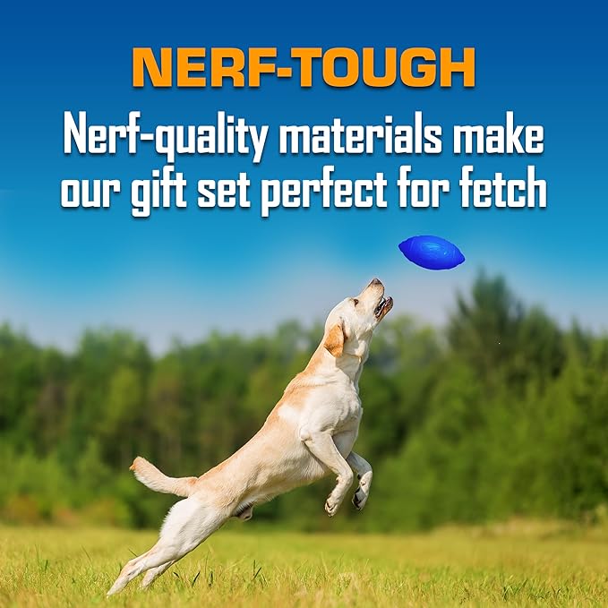 Nerf Dog Toy Gift Set, 3-Piece Set of Outdoor Dog Toys for Tug and Fetch, Includes Classic Squeak Football, 3-Ring Tug and Nitro Blitz Squeak Football