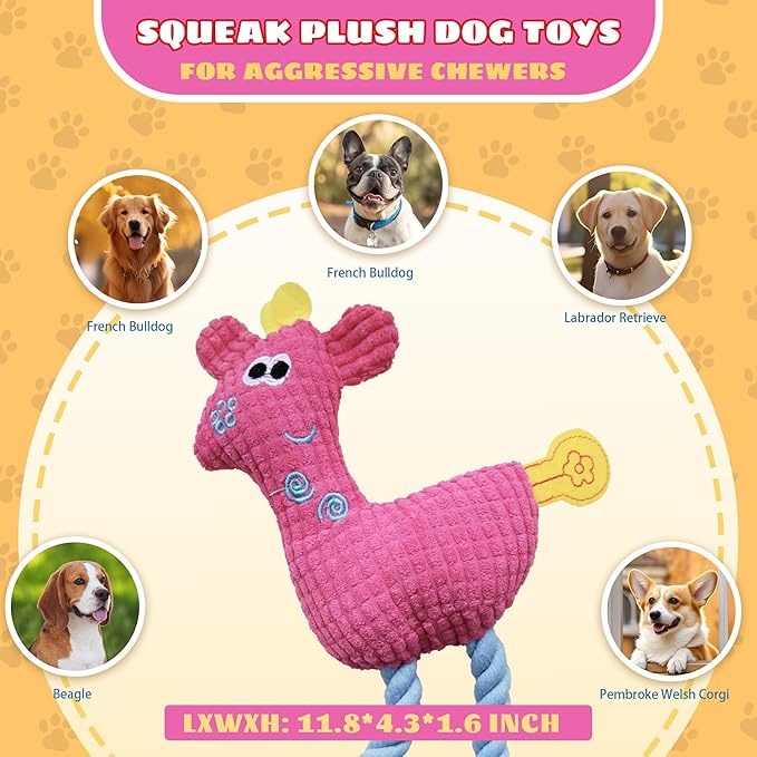Squeak Plush Dog Toys for Small & Medium Breeds, Chew Rope to Keep Them Busy for Puppy Teething Chewing, Interactive Indoor/Outdoor Play, Best Pet Gift, Pink Deer