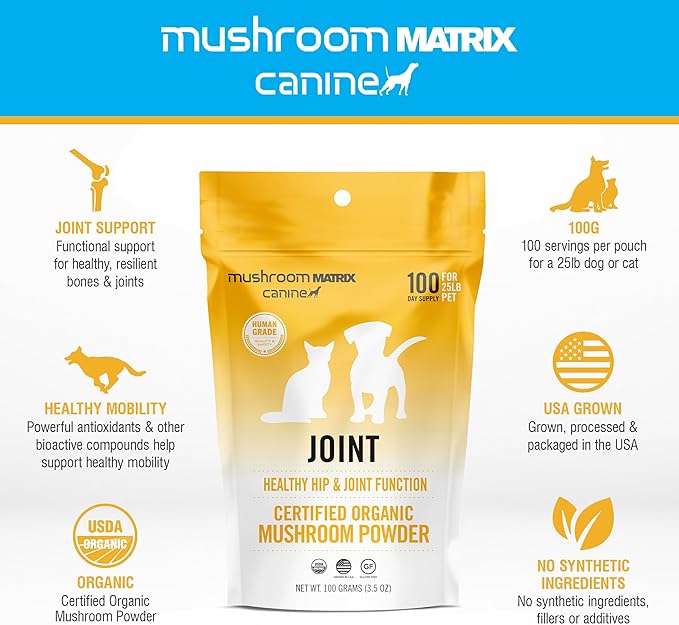 Om Mushroom Matrix Pet - Canine | Joint & Hip Function | USA Grown Human-Grade Organic Mushroom Powder Pet Supplement | Promotes Resilient Bones & Joints for Dogs & Cats | 100 Grams, 3.5 oz