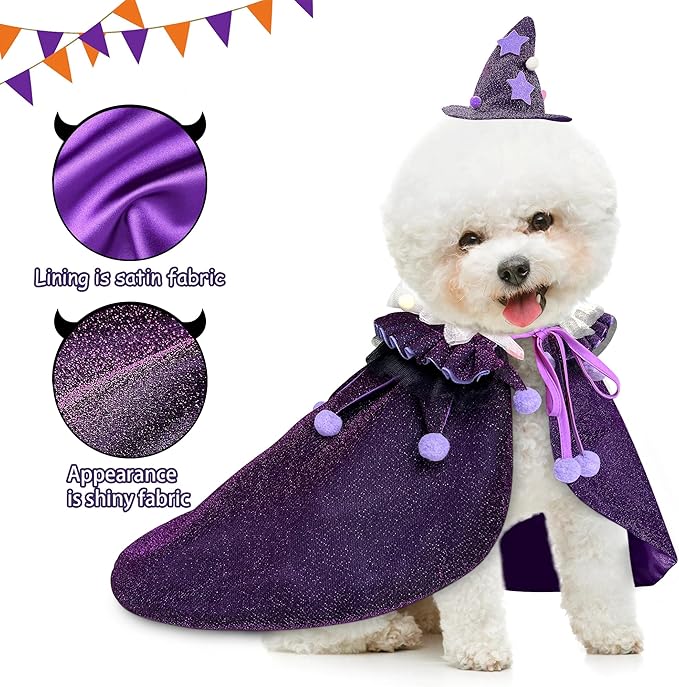 KOUPA Pet Halloween Costume with Hat, Dog Clothes Cosplay Wizard Cloak for Small Puppy Kitten Animal, Shiny Cat Outfit Suit for Party Holiday Christmas, Purple