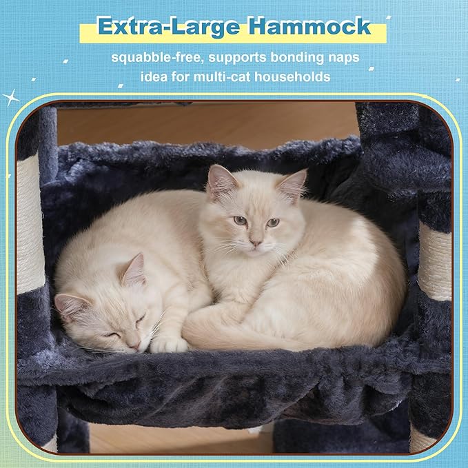 Hey-brother Cat Tree Tower, Scratching Posts with 3 Condos, Large Basket, Cozy Bed, Sisal Board, Step-by-Step Climbing Pathway and Toys, 74.8 inches Furniture for Big Indoor Cats, Smoky Gray MPJ081G