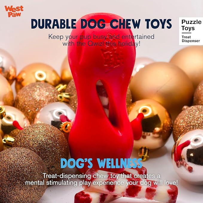 WEST PAW Zogoflex Qwizl Dog Puzzle Treat Toy – Interactive Chew Toy for Dogs – Dispenses Pet Treats – Brightly-Colored Dog Enrichment Toy for Aggressive Chewers, Fetch, Catch, Small 5.5", Ruby