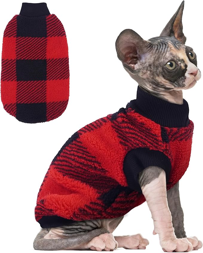 PUMYPOREITY Winter Warm Cat Sweater - Super Soft & Elastic Knit with Plush Fleece, Easy-On Design with Ribbed Neck & Cuffs, Stretchy Cat Outfit for Indoor/Outdoor Use,Red, S