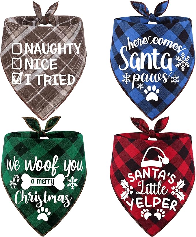 4 Pack Christmas Dog Scarves - Plaid Triangle Bandanas for Small to Large Dogs and Cats - Holiday Pet Accessories Gift Set
