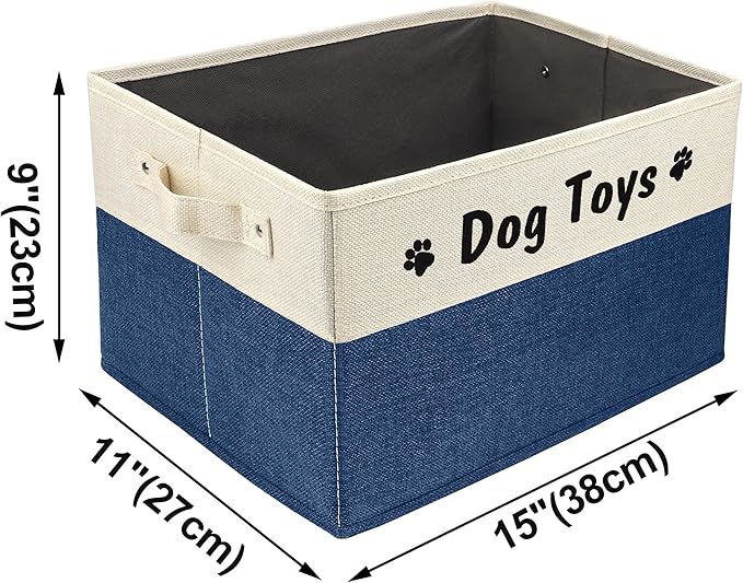 PET ARTIST Dog Toy Basket, Foldable Dog Toy Bin Box for Living Roon Area, Collapsible Storage Basket with Comfortable Handles for Pet Coat, Accessories, Navy Blue, 15"x11"x9"