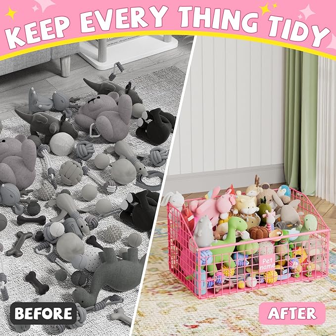 Indestructible Dog Toy basket, Large Toy Bin for Dogs,Pet Toy Bin Dog Metal Basket Organizer Storage for Toys Food Storage (Pink)