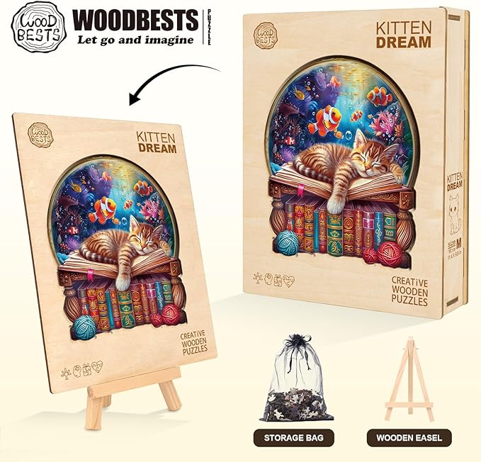 KAAYEE Wooden Puzzles for Adults, Kitten Dream Puzzles, 100 Piece Unique Animal Shape Puzzle, Cat Wood Puzzle for Adults, Creative Gifts for Cat Lover/Friends/Family, Home Decor(8.5 * 7.3in)