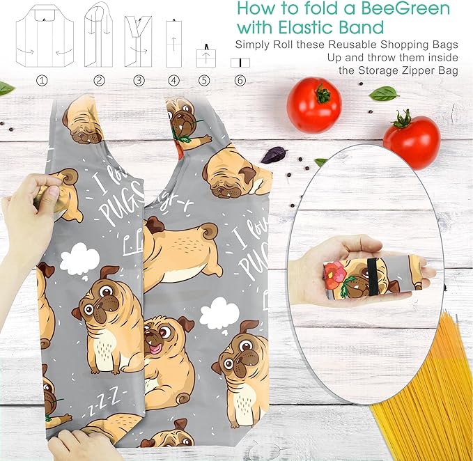 BeeGreen Dog Lover Gifts for Women Animals Reusable Grocery Bags Shopping Bags Bulk 6 Pack 50LBS X-Large Foldable-Machine Washable Shepherd Collie Bulldog Dog Paws Pet Bags