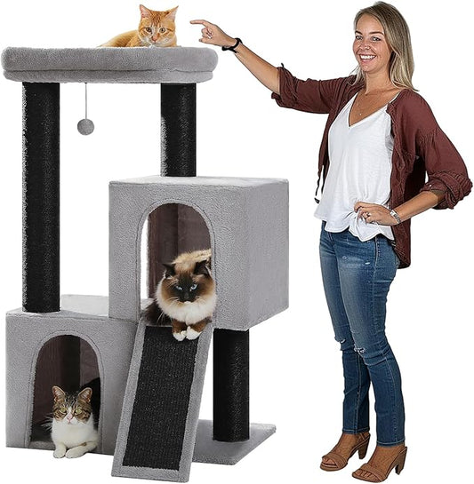 Cat Tree for Indoor Cats Adult, 45-Inch Heavy Duty Cat Tower with Sisal Scratching Ramp, 2 Cat Condo for Extra Large Cats, Big Top Perch, 3 Thick Black Scratching Posts (φ4.3) -Gray