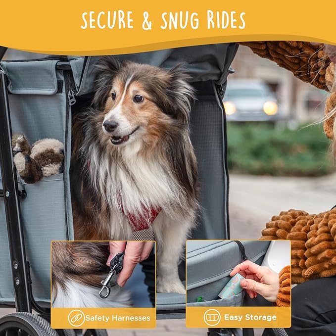 Scout Pet Stroller, 4-Wheel Design for Small/Medium Dogs - One-Button Fold, Adjustable Mesh Windows & Shades, 360° Swivel Front Wheels, Rear Wheel Brake for Safety, Grey