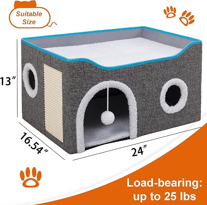 Cat Houses for Indoor Cats - Large Cat Bed Cave with Scratch Pad and Fluffy Ball, Foldable Cat Condo Hideaway with Reversible Cushion for Multi Small Pet, Light Grey