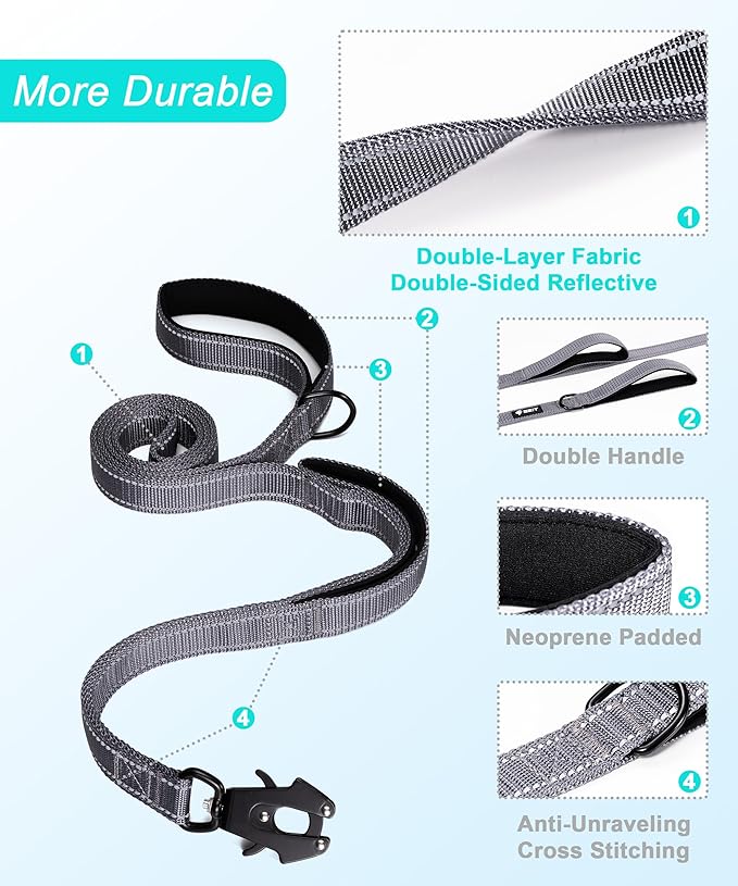 GEIT 4/5/6FT Heavy Duty Dog Leash with 2 Comfortable Padded Handles, Reflective Rope Leashes with Quick Release/Locking Tactical Frog Clip for Small Medium and Large Dogs, Grey