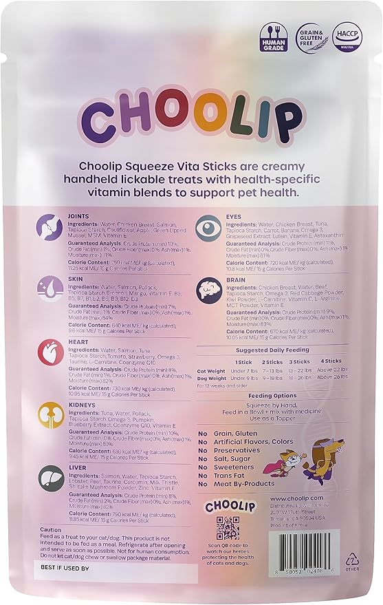 Choolip Squeeze Vita Stick Lickable Cat Treats & Dog Puree – 7-Count Variety Pack, Creamy Grain-Free Puree Treats with Multivitamins, Vet-Formulated for All Life Stages & Total Wellness
