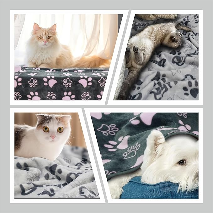 1 Pack 3 Dog Blankets for Large & Medium Dog Blanket Super Soft Fluffy Premium Fleece Pet Blanket Flannel Throw for Dog Puppy Cat Paw Prints, Grey Pink, 41x31inch