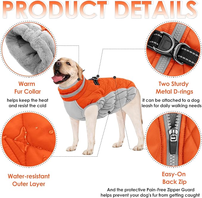 AOFITEE Dog Coat, Warm Dog Winter Coat for Large Dogs, Reflective Turtleneck Dogs Jacket with Harness Built in, Waterproof Windproof Pet Puffer Jacket Fleece Vest for Cold Weather, Orange XXXL
