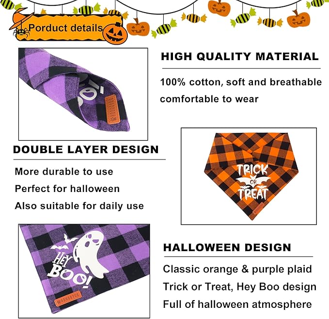 ADOGGYGO Halloween Dog Bandana Reflective Trick or Treat Boo Scarf Orange Purple Plaid Halloween Bandanas for Extra Large Dogs Pets (X-Large)