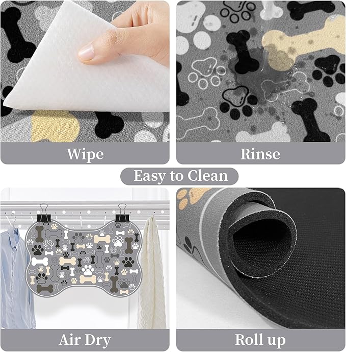 Dog & Cat Food Mat Bone Shaped Pet Feeding Mat Quick Absorb Water Bowl Placemat with Rubber Backing Indoor Floor Stain Resistant Pet Accessory Supplies (Gray, 12x18 Inches)