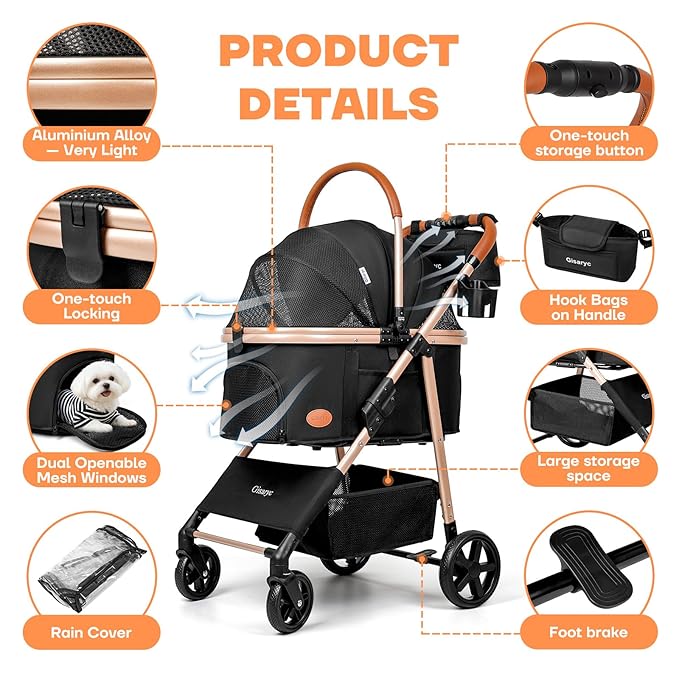 Dog Cat Stroller for Small/Medium Pets up to 50 lbs, 3-in-1 Foldable Pet Stroller with Detachable Carrier, Car Seat, Storage Basket, Cup Holder, Hanging Bag, Rain Cover, All-Terrain 4 Wheels (Black)