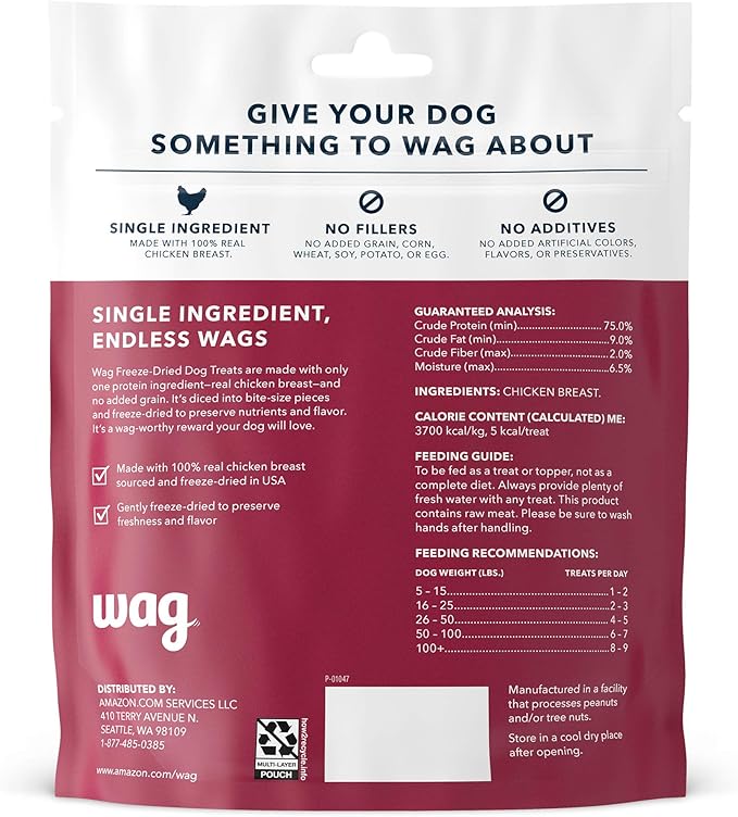 Amazon Brand - Wag Freeze-Dried Raw Single Ingredient Dog Treats Chicken Breast 3 Ounce (Pack of 2)