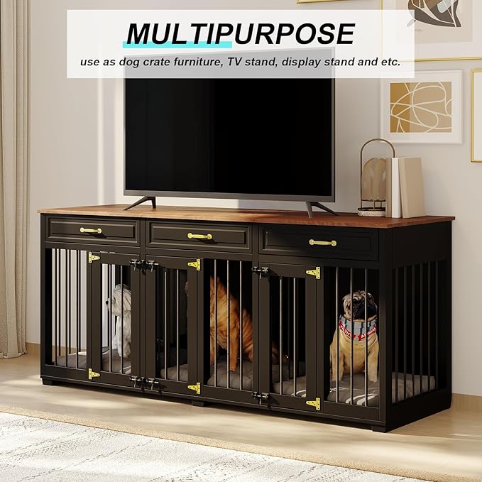 Dog Crate Furniture - Indoor Wooden Dog Kennel Furniture with 2 Dividers, 3 Drawers, and 3 Lockable Doors - 72"x23.6"x31.5"H, Black