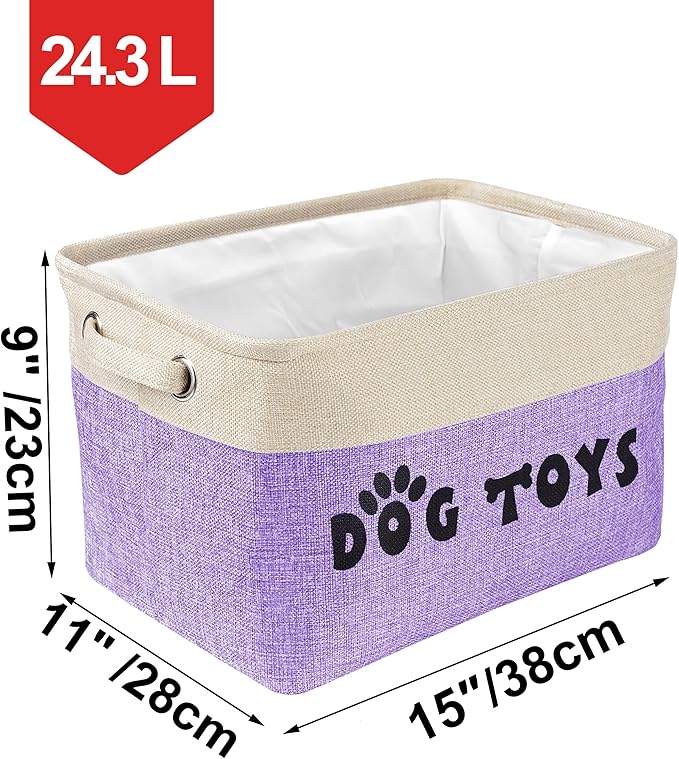 PET ARTIST Dog Toy Basket, Collapsible Dog Toy Bin Box with Comfortable Handles, Large Pet Toy Storage Basket Organizer for Accessories, Toys, Coat & Clothing, Blanket & Leash, Purple, 15"x11"x9"
