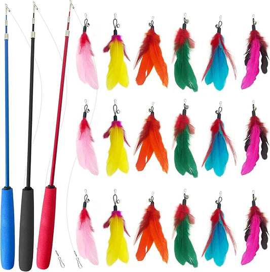 Retractable Cat Teaser Wand, 3 PCS Fishing Pole Cat Toys with 18 Feather Toy Refills, Interactive Cat Toys for Indoor Cats Play & Exercise
