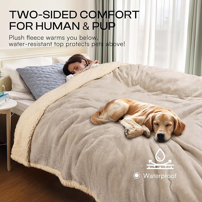 Luciphia Waterproof Pet Blanket, Liquid Pee Proof Dog Blanket for Sofa Bed Couch, Reversible Sherpa Fleece Furniture Protector Cover for Small Medium Large Dogs Cats, Dark White Queen Size（90" x 82"）