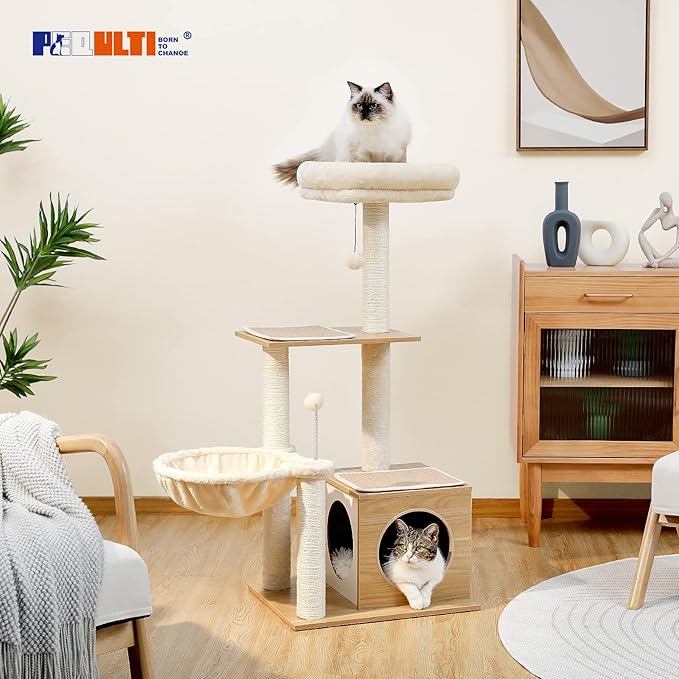 PEQULTI Cat Tree Modern Cat Tower for Indoor Cats,Multilevel Cat Play House with Large Condo, Spacious Hammock, Cozy Top Perch,Scratching Post and Dangling Balls