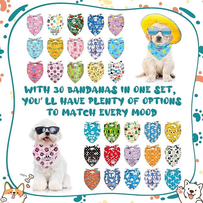 30 Pack Dog Bandanas Bulk – Dog Grooming Scarves, Assorted Colors Reversible Triangle Bibs for Small Medium Large Dogs – Washable Puppy Scarf Set for Pet Grooming, Daily Wear, Party