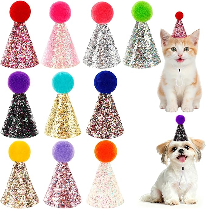 10 Pcs Mini Cat Birthday Party Hats with Pompoms Colorful Sequins, Puppy Holiday Wedding Hats, Cute Pet Costume Hat Accessories for Small Dogs Kittens Rabbits Stuffed Animals (Small, Round pom-pom)